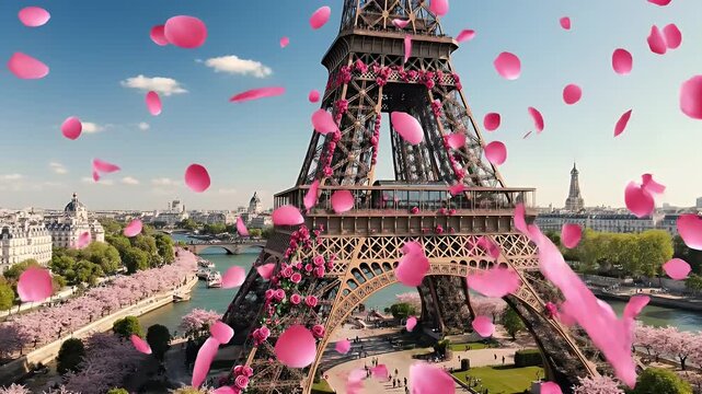 Scenic Paris Photograph Showcasing the Eiffel Tower Wrapped in Pink Flowers with a Distant Cityscape
