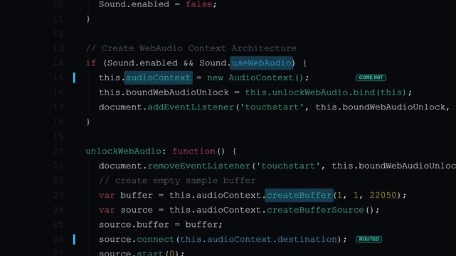 Web Audio Engine Script Code Lines Scrolling in Dark Console for Software Development and Audio Engineering Presentation