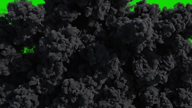 A thick black smoke cloud billowing and expanding across a solid green screen background, perfect for VFX transitions, disaster, and special effects.