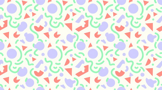 Seamless pattern with colorful geometric shapes and wavy lines in a playful 90s style.