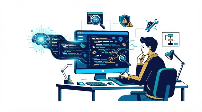 A programmer works at a desk with a computer, analyzing AI generated code in a modern tech workspace. Multiple data visuals are displayed.