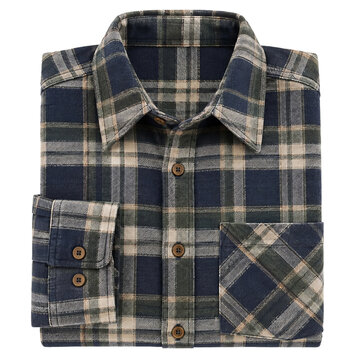 Folded men's flannel shirt with a blue and green plaid pattern on a clean white background