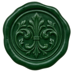 Dark green wax seal with an elegant embossed fleur de lis symbol on a white background © Sapphire