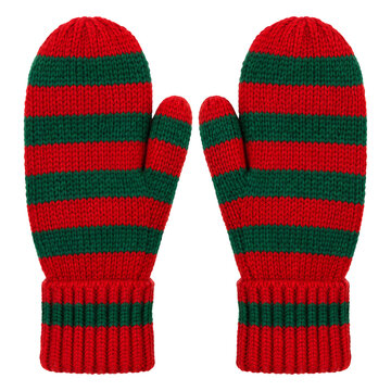Pair of festive red and green striped knitted mittens isolated on a clean white background