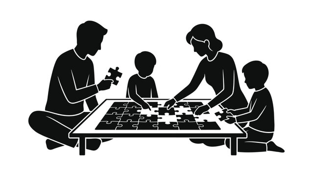 Family sitting at a table together doing a jigsaw puzzle silhouette with board game
