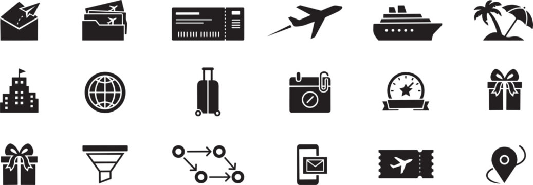 Travel and vacation booking vector icon set featuring airplane cruise ship luggage boarding passes and holiday destination elements in black silhouette style.