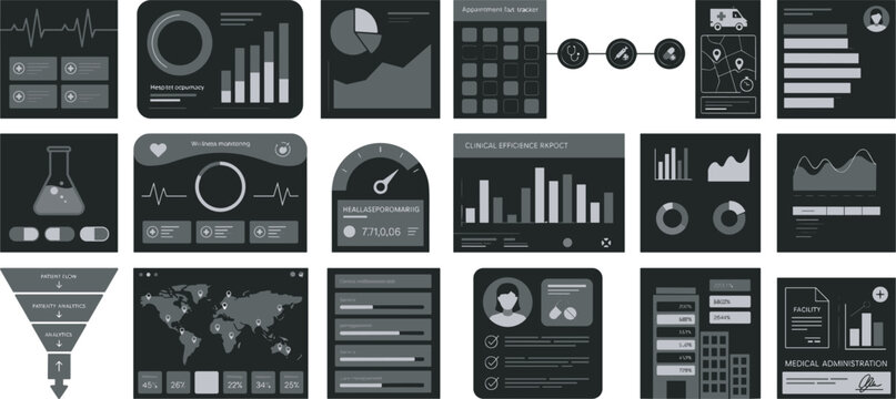 Medical and healthcare data dashboard vector icon set featuring clinical analytics patient statistics hospital user interface elements in dark monochrome style.