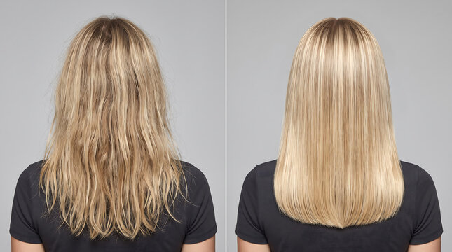 Before and after straight blonde long hair transformation comparison photos