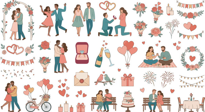 Wedding and romantic couple engagement vector illustration set featuring marriage proposals picnic dates flowers rings decorative holiday elements in flat design style.