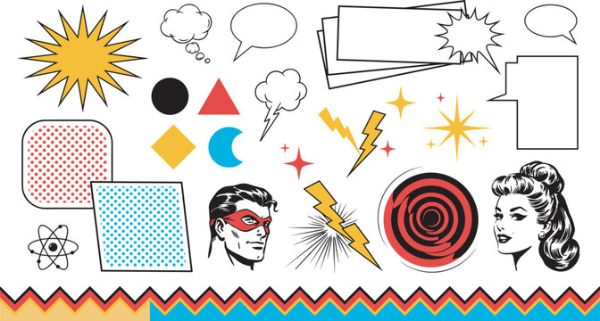 Retro comic book pop art elements vector set featuring superhero characters speech bubbles halftones and explosion bursting design symbols