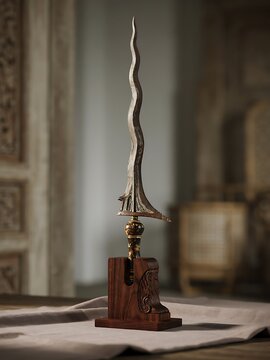 Traditional indonesian keris dagger with wavy blade on wooden stand