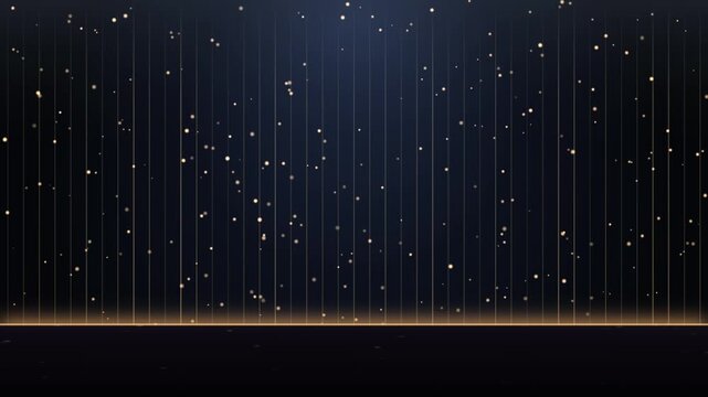 Golden Particles Floating Above Vertical Glowing Lines On A Dark Background Digital Motion Graphic