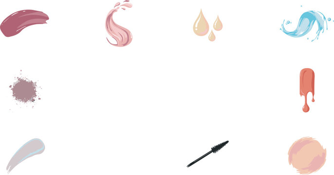 Cosmetic makeup textures and product elements vector set featuring lipstick smudges liquid drops mascara wand foundation and powder splash