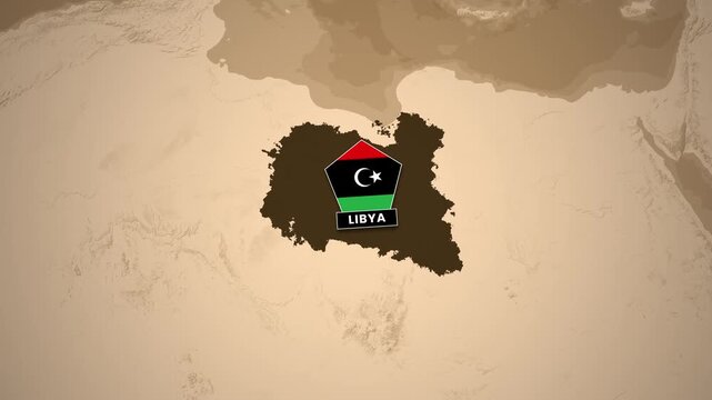 Animated map of Libya zooming in with national flag footage