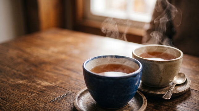Two artisanal ceramic cups of hot steaming herbal tea on small wooden saucers with a vintage spoon resting on a rustic oak table near a bright window for a cozy break.