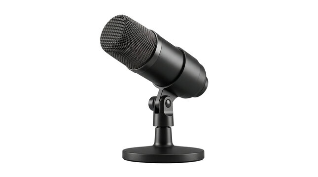 Professional black condenser microphone on desktop stand, digital audio recording equipment for podcasting, studio mic for live streaming isolated on Transparent Background