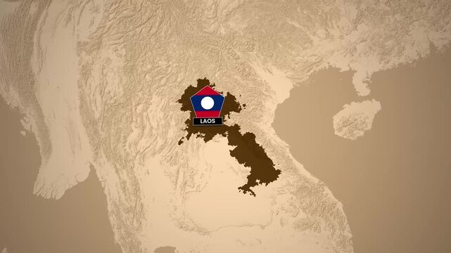 Animated map of Laos zooming in with flag motion footage