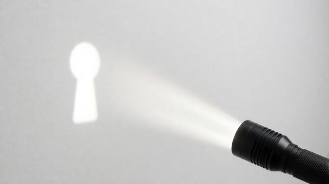 Conceptual image of a flashlight shining a bright beam in the shape of a keyhole on a blank wall, symbolizing discovery, audit, problem solving, and unlocking hidden insights.