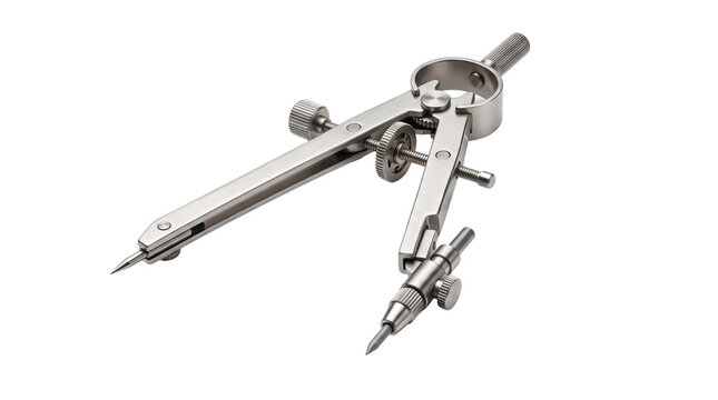 Precision metal drafting compass, silver stainless steel pair of compasses, technical geometry drawing tool for architects and engineers isolated on Transparent Background