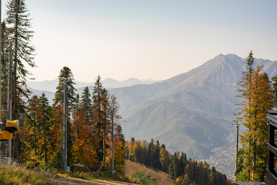 Mountain slope with erosion protection barriers and autumn forest on Rosa Khutor resort in Sochi Russia
