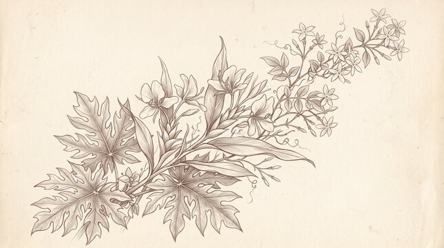 Vintage botanical sketch of blooming flowers and tropical leaves pencil illustration on paper