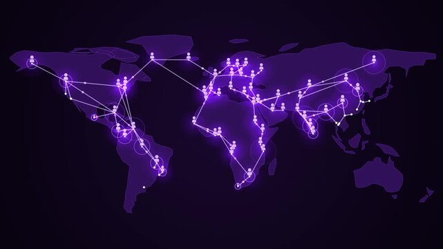 Animated global network map showing worldwide communication connections, data transfer, and digital technology concepts
