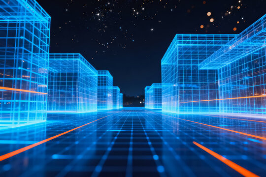 A futuristic 3D wireframe city with glowing blue grid lines and floating particles, set in a dark digital space.