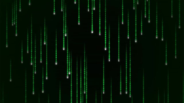 Seamless loop animation of golden code streams falling on dark black background, tech motion graphic background for video editing and corporate presentations.