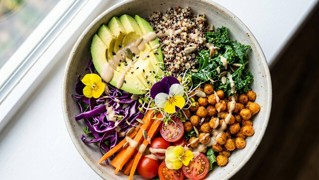 Fresh and colorful vegan Buddha bowl with roasted chickpeas and avocado