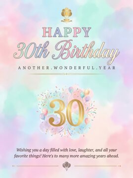 Happy 30th Birthday Celebration Design With Colorful Balloons And Confetti