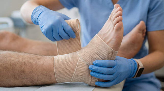 A professional healthcare provider wearing blue medical gloves carefully applies an elastic compression bandage to a patient's injured ankle, providing support and stabilization for recovery in a c...