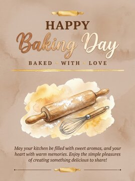 Happy Baking Day Greeting Card with Rolling Pin and Whisk Illustration