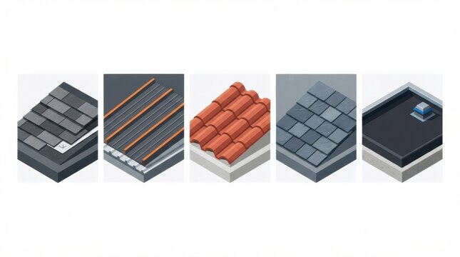This shows several types of roofing materials and repair methods commonly used by contractors during installation and maintenance.