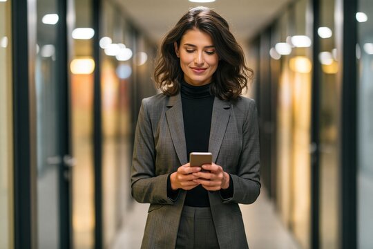 Latin businesswoman walking, using smartphone phone, messaging partner in office corridor, vertical. 45 years old business woman works as consultant analyst, transferring funds online. Copy space.