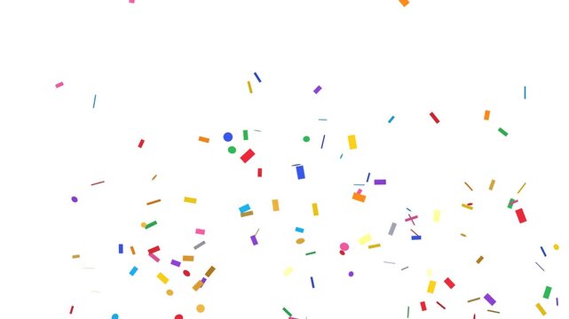 Colorful paper confetti bursts out from the center of a pure white background and falls away, leaving a clean frame