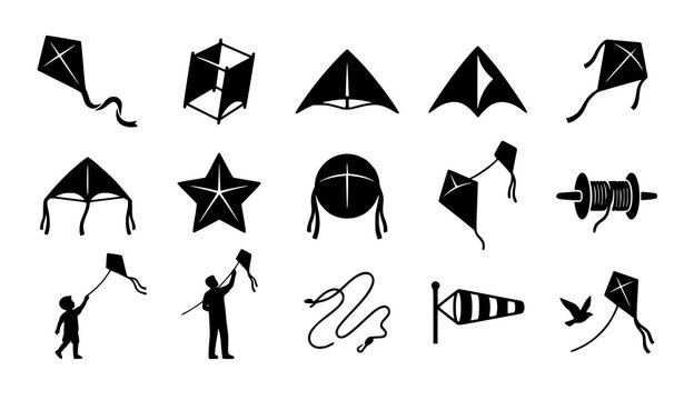 Kite silhouette vector icon set with flying kites outdoor activities and spool elements