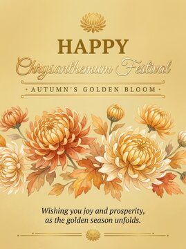 Happy Chrysanthemum Festival Greeting Card With Golden Autumn Flowers Illustration