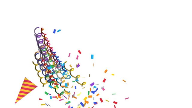 Striped party popper shoots curly streamers and colorful confetti across a white background, then the frame clears