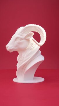 A white 3D printed ram head sculpture as a mascot for the Year of the Sheep 2027