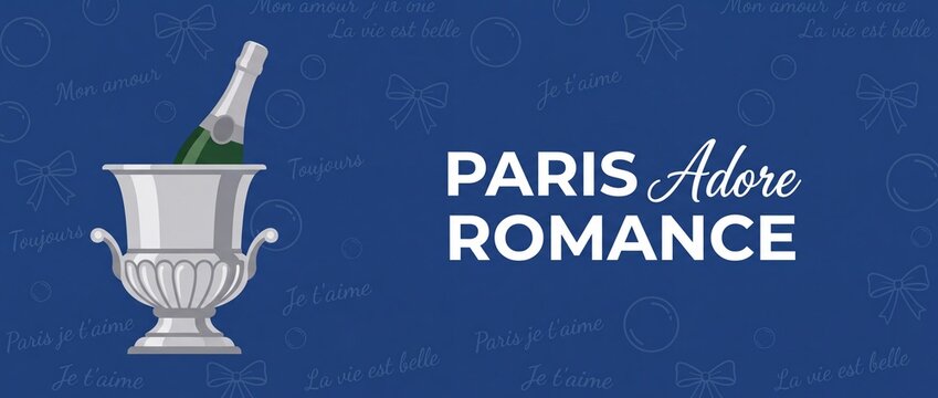 Paris romance champagne background banner with silver ice bucket bottle for romantic French Valentine date celebrate love graphic template vector illustration with elegant typography and French phrase