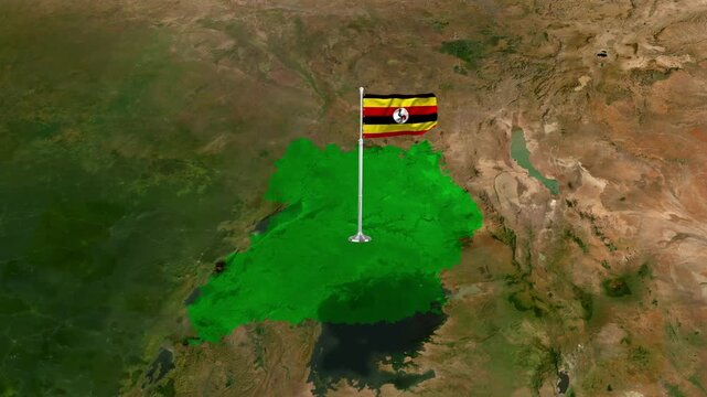Uganda map and national flag waving motion video footage