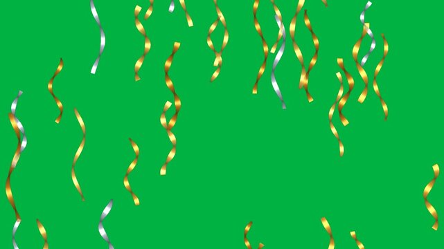 Curly gold and silver foil streamers twist and fall over a green screen background as a seamless loop