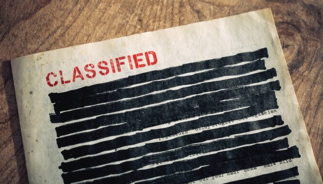 Top-down view of a classified document with redacted text