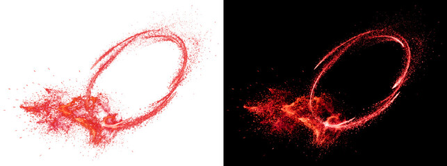 Explosive red powder swirling into a dynamic ring shape with fiery scattered particles below perfect for PNG, Transparent and Black Background Versions designs © Shadowfax