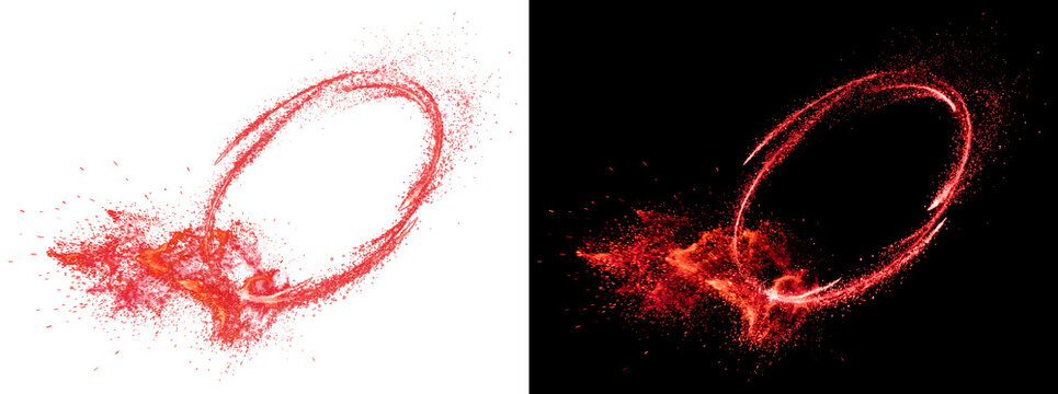Explosive red powder swirling into a dynamic ring shape with fiery scattered particles below perfect for PNG, Transparent and Black Background Versions designs