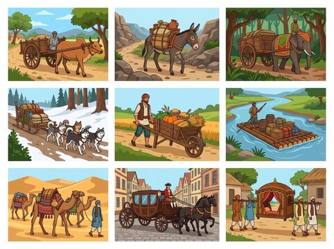 Vector illustration set of ancient non-motorized historical transportation methods including bullock cart, pack donkey, elephant wagon, dog sled, wooden