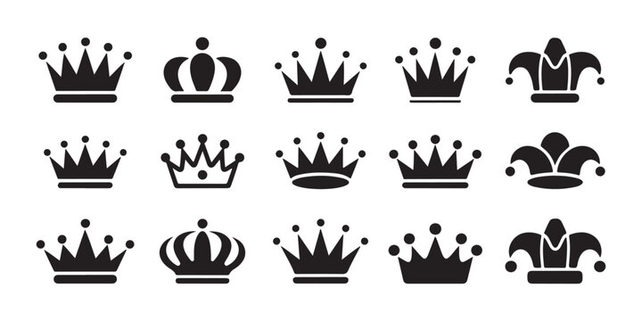 Set of black royal crown and jester hat silhouettes on transparent background for graphic design.