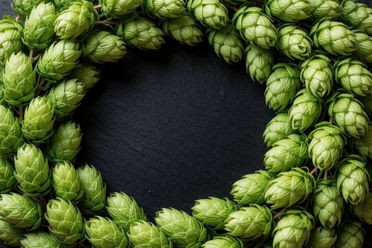 Fresh green hops frame on dark stone background. Organic hop cones create natural border for copy space. Raw herbal ingredients for craft beer brewing. Macro view of plant cones for brewery