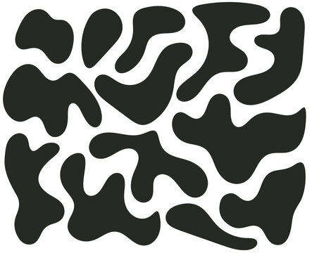 A minimalist abstract vector collection featuring bold organic blobs, fluid curves and irregular biomorphic shapes in dark charcoal on a clean white background, creating a modern artistic composition.