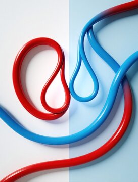 Minimalist red, blue tubes intertwine in abstract way. Concept represents blood circulation, plasma transfusion, apheresis medical process. Stylized arteries, veins flow across light background.